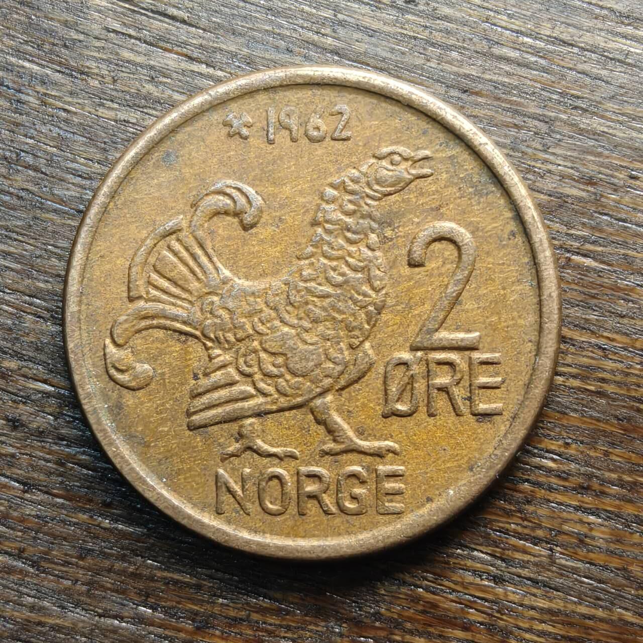 【铜匠收藏】★第133场★散币场，无佣金，30包邮。不满30元，支付5元运费。《接受代拍 代送NGC评级》 挪威 1962年 2欧尔 铜币 奥利佛五世王 黑松鸡