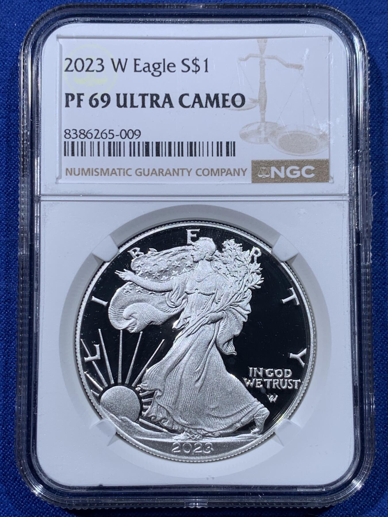 《竞宝斋》第442场 周日，周一，2场连拍 （全场包邮） NGC PF69UC 美国2023年W厂行走女神1盎司大银币 新版鹰