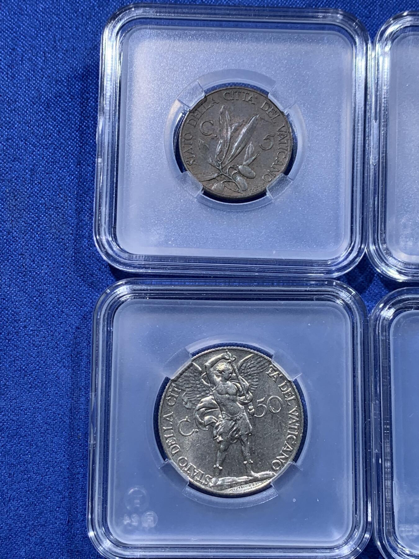 《竞宝斋》第442场 周日，周一，2场连拍 （全场包邮） 七枚一组 意大利梵蒂冈套装币，5里拉，2里拉，1里拉，50分，20分，10分，5分都是193X年，年份稍有不同状态都不错