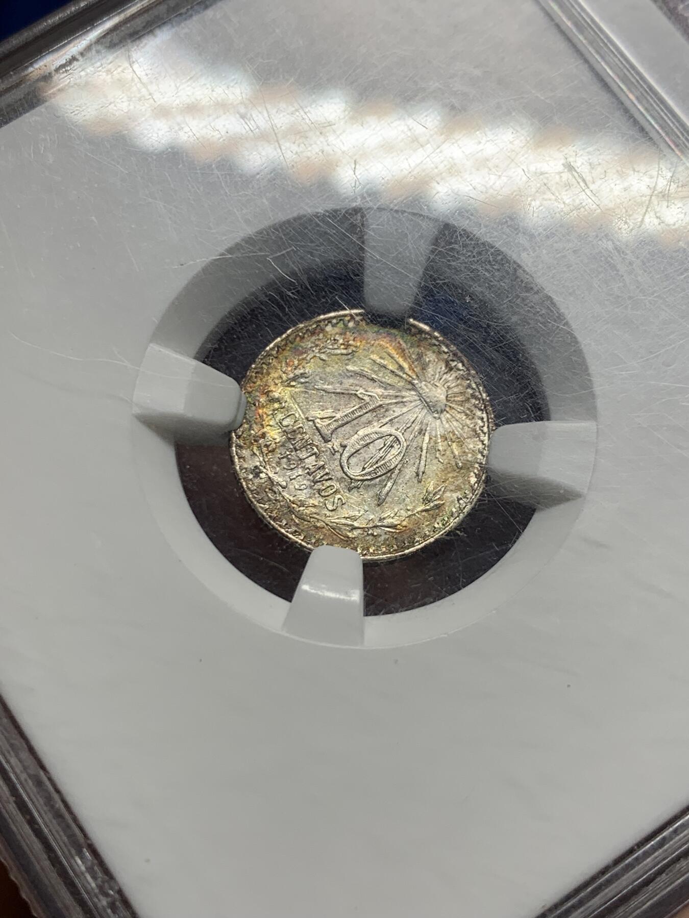 《竞宝斋》第442场 周日，周一，2场连拍 （全场包邮） NGC XFD 墨西哥1919年10分银币 淡淡银光 NGC早期紫色评级标签