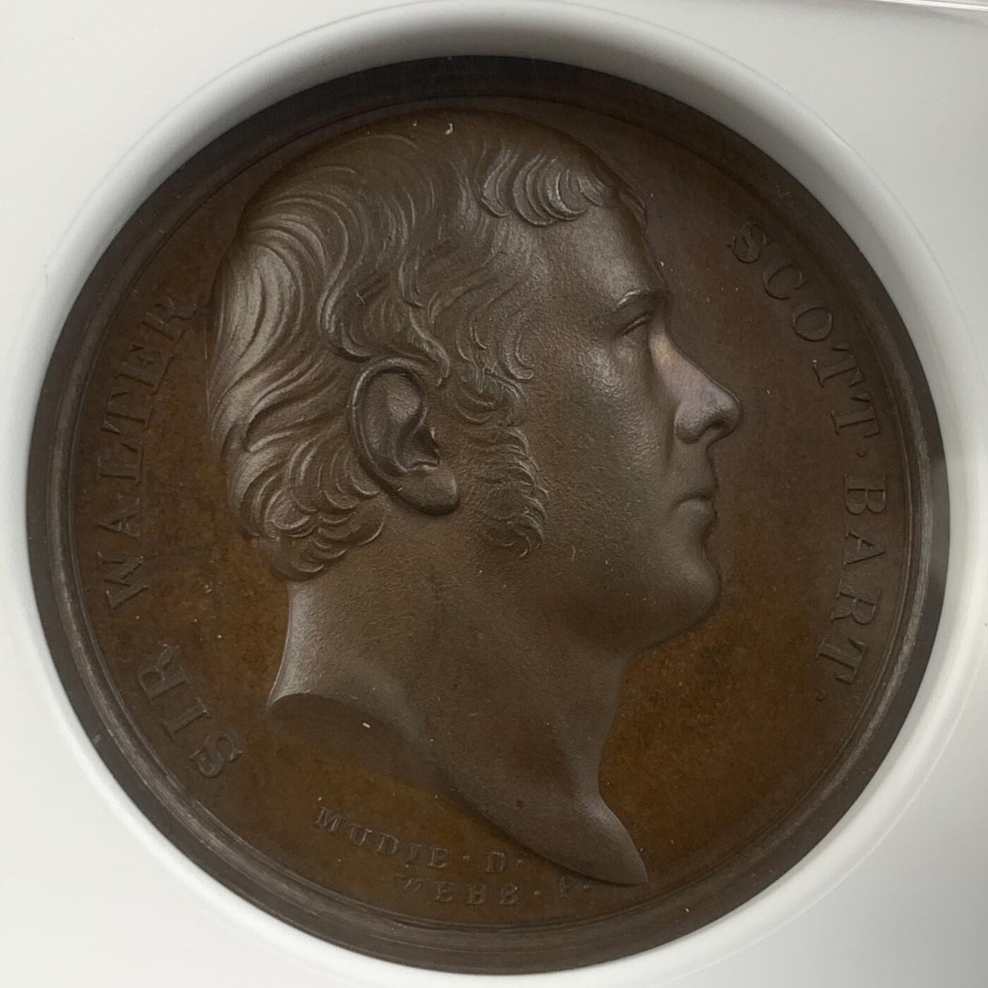掌中浮雕-藏着的欧洲第043场 NGC MS63 : 1821年英国诗人司各特铜章，T. Webb and B. R. Faulkner雕刻, J. Mudie出品, 40.5mm，少见品种