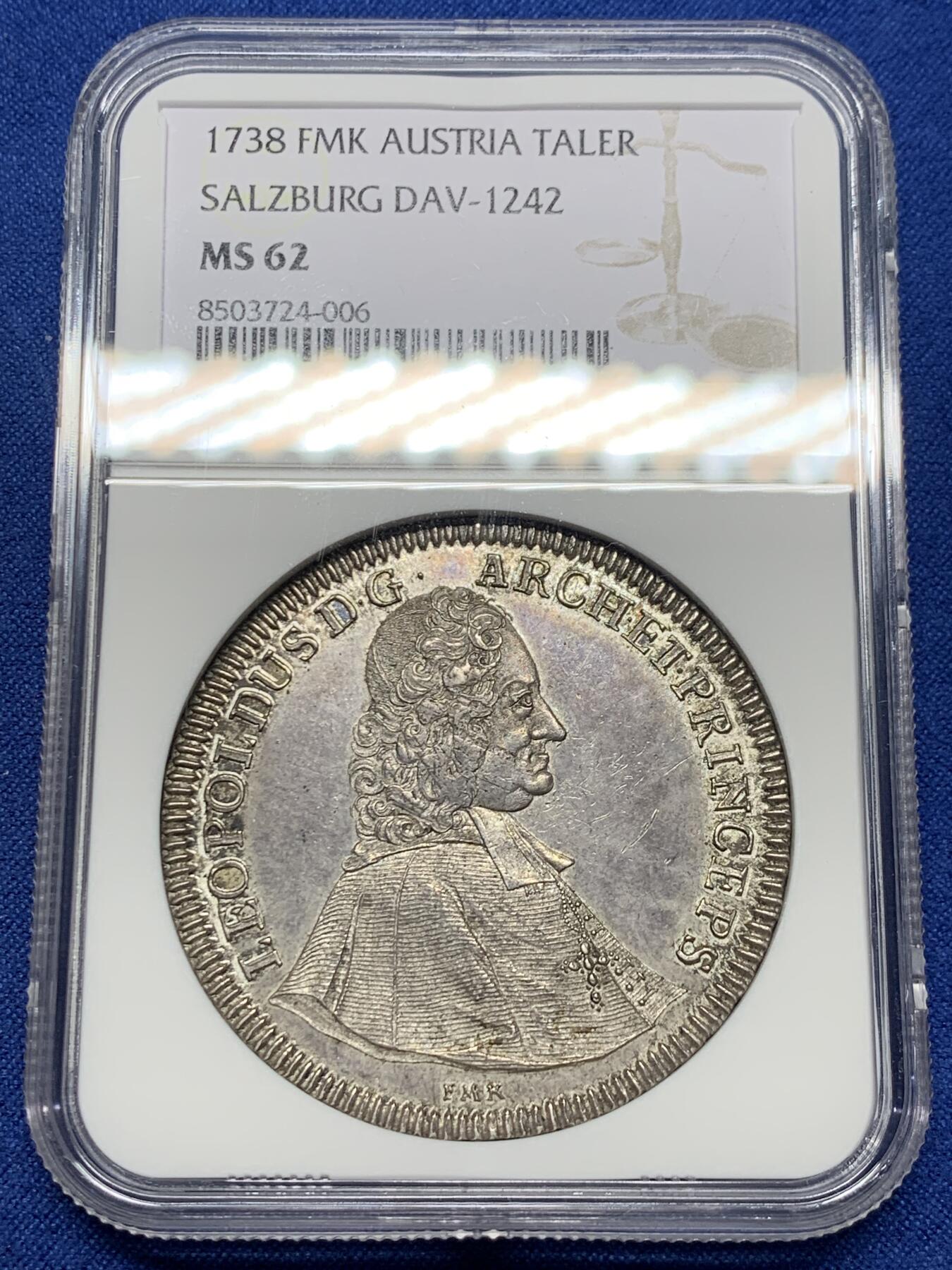 《竞宝斋》第442场 周日，周一，2场连拍 （全场包邮） 冠军分 NGC MS62 神圣罗马帝国 1738年 萨尔茨堡 菲尔米安亲王大主教 泰勒大银币 稀有品种