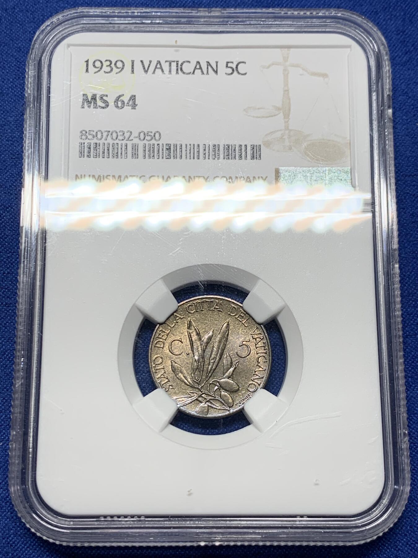 《竞宝斋》第442场 周日，周一，2场连拍 （全场包邮） NGC MS64 梵蒂冈 1939 教皇国 5分