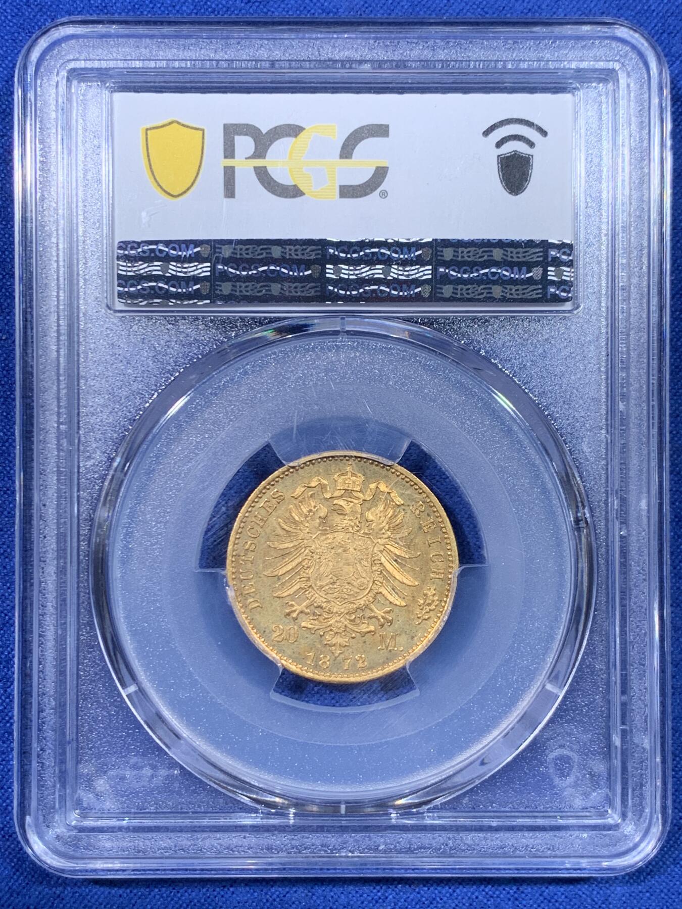 《竞宝斋》第442场 周日，周一，2场连拍 （全场包邮） PCGS MS64 德国普鲁士1872A威廉一世20马克金币 7.96克 900金 德二早期20马克，少见品种，64分不易，类镜面很漂亮