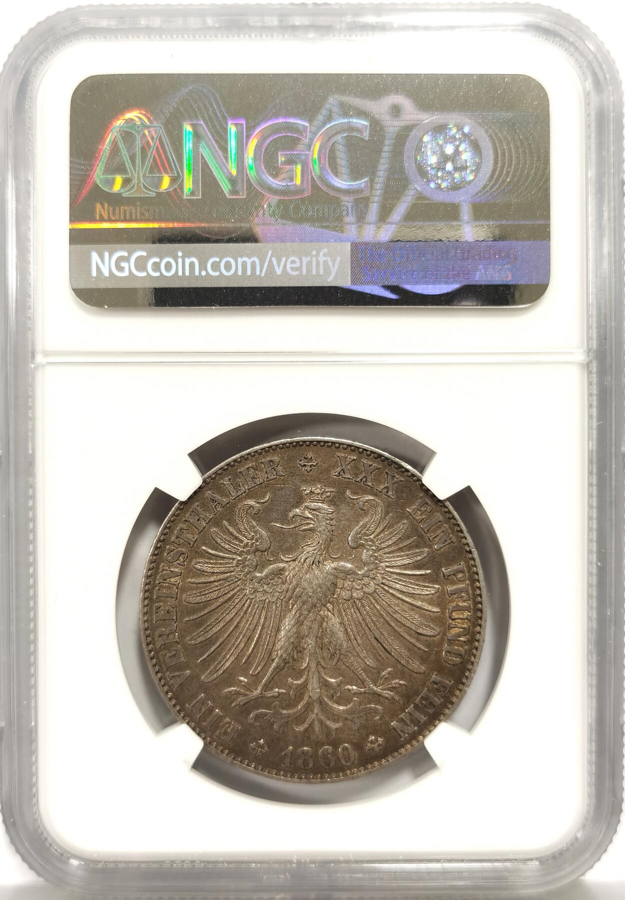 博洋堂世界钱币拍卖第149期（全场包邮） NGC AU 德国法兰克福1860年少女1泰勒银币