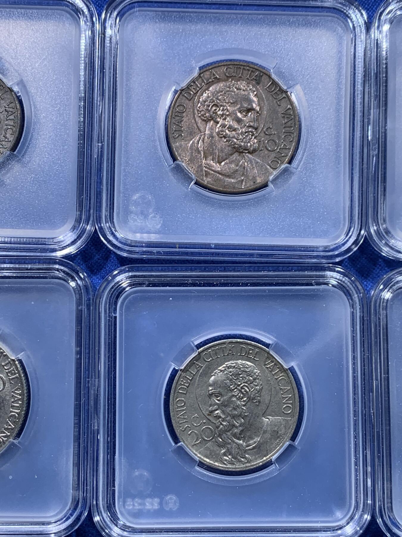 《竞宝斋》第442场 周日，周一，2场连拍 （全场包邮） 七枚一组 意大利梵蒂冈套装币，5里拉，2里拉，1里拉，50分，20分，10分，5分都是193X年，年份稍有不同状态都不错