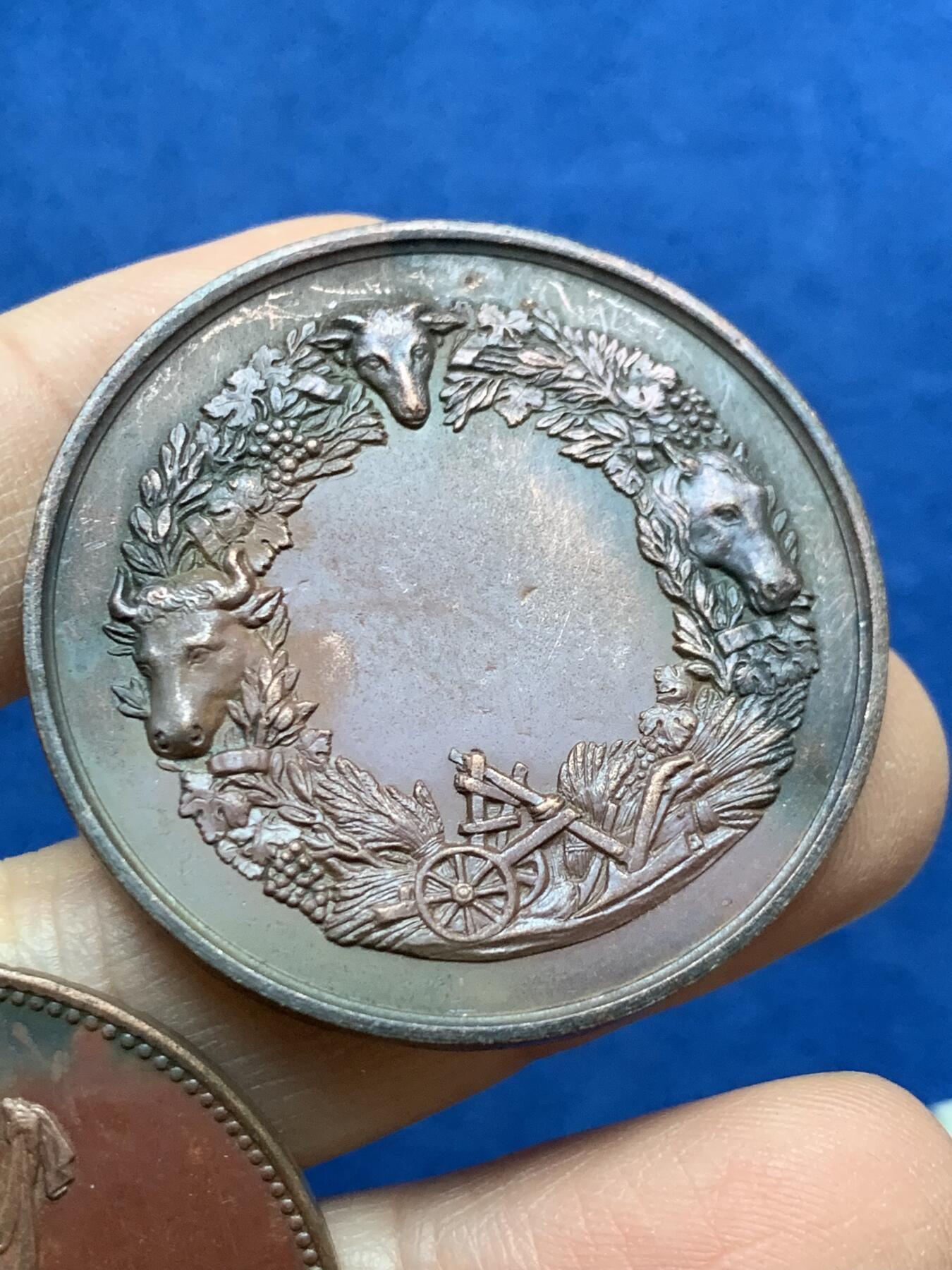 《竞宝斋》第442场 周日，周一，2场连拍 （全场包邮） 法国19世纪末农业播种者单面半成品章正反一对，带边铭，直径41mm，总重68g，细节见图。