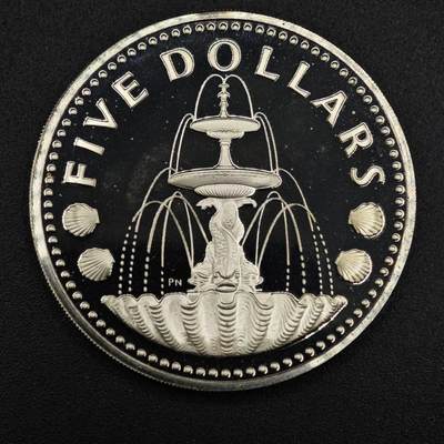 【淘币小摊】实时拍第八百零八拍   银币套币场   满百包邮可预留二周 每周一统一发货   - 巴巴多斯1975年5元喷泉精制银币 重31.1克800银 纯银价284