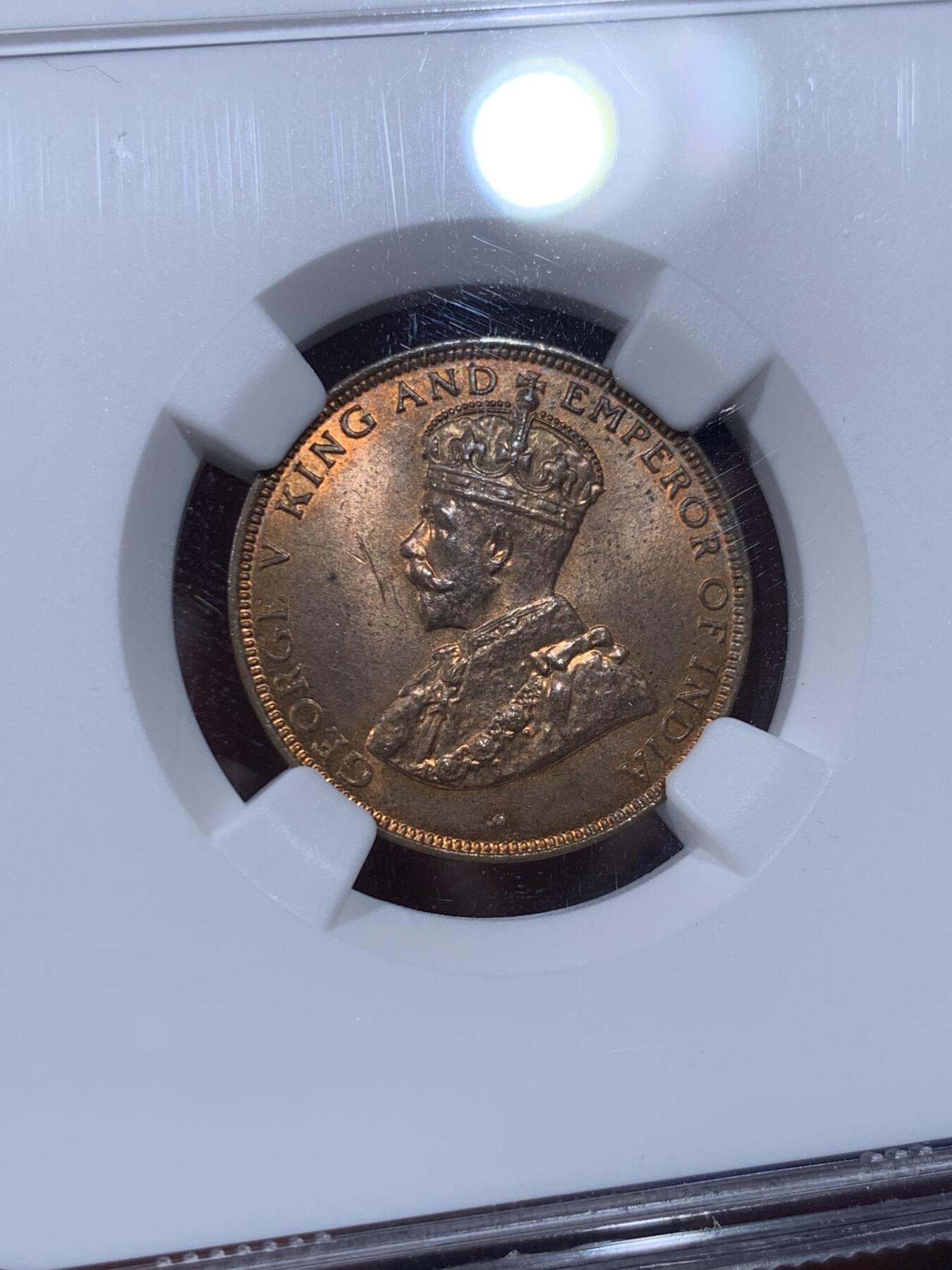 《竞宝斋》第442场 周日，周一，2场连拍 （全场包邮） NGC MS63RB 香港1933年一仙铜币 原厂红棕光