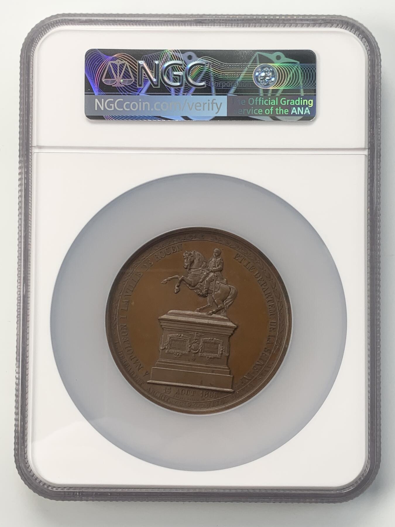 掌中浮雕-藏着的欧洲第043场 NGC MS65 : 1865年拿破仑一世骑马雕像在鲁昂落成铜章，63mm，DUBOIS Alphée雕刻，原铸，该雕像是雕塑家加布里埃尔·维塔尔·杜布雷的作品