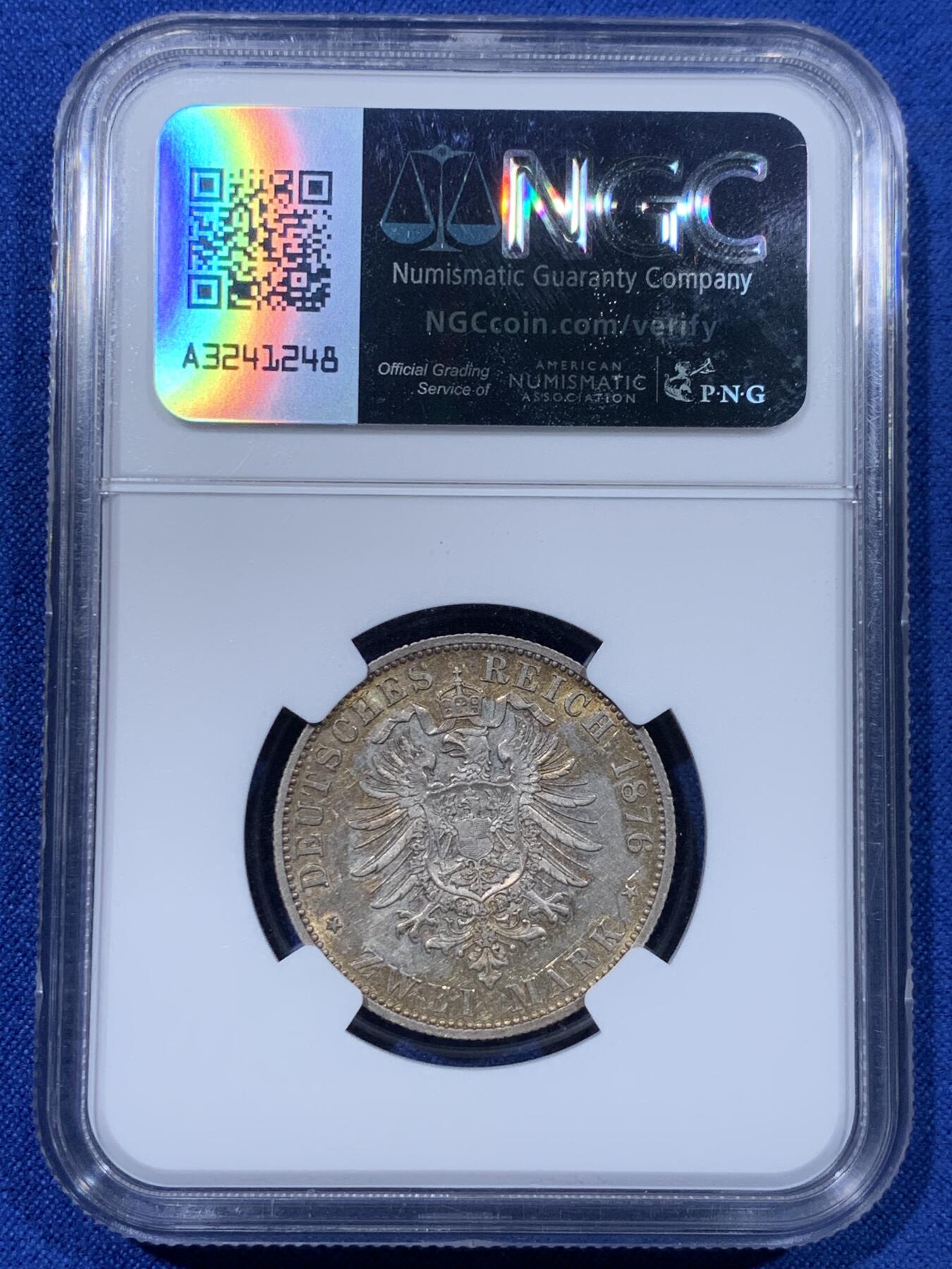 《竞宝斋》第442场 周日，周一，2场连拍 （全场包邮） 两枚一组 德国普鲁士2马克银币 NGC AUD 威廉一世 1876B + NGC AU58 威廉二世 1903A  德二祖孙 一次凑齐