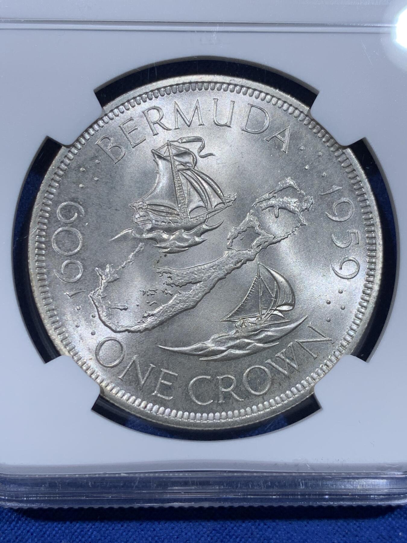 《竞宝斋》第442场 周日，周一，2场连拍 （全场包邮） NGC MS67 百慕大1959年1克朗纪念大银币，超级暴光高分，一枚即可永久入藏