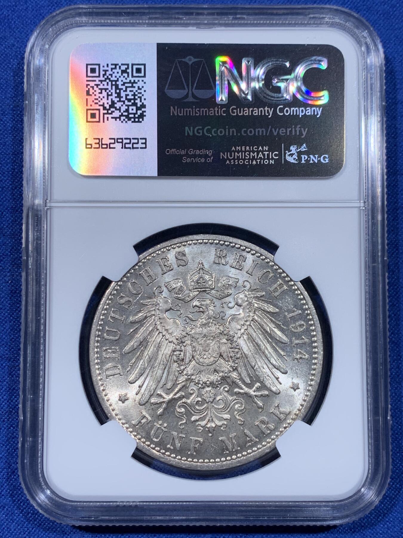 《竞宝斋》第442场 周日，周一，2场连拍 （全场包邮） NGC MS61 德国普鲁士1914年威廉一世军装5马克银币 光度不错 细节见图