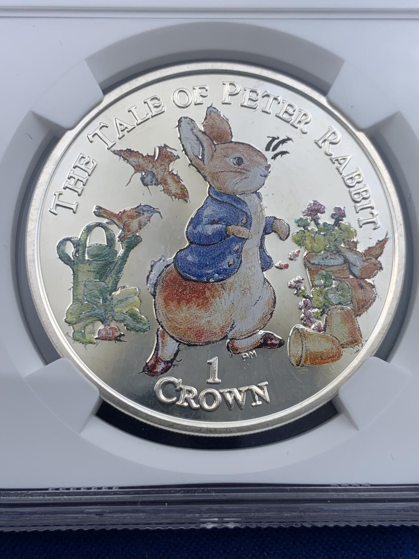 《竞宝斋》第442场 周日，周一，2场连拍 （全场包邮） NGC PF66UC 英属马恩岛 2007年 1克朗 彩色彼得兔 精制银币 少见稀缺品种的彼得兔系列小岛币，彩色版本评分都不会太高