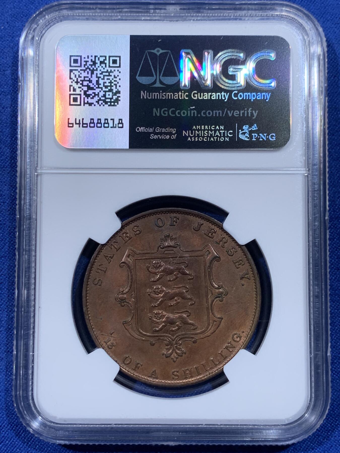 《竞宝斋》第442场 周日，周一，2场连拍 （全场包邮） NGC MS62BN 英属泽西1851年1/13先令大铜币，比英国本土1便士要少的多，少见品相，少见年份