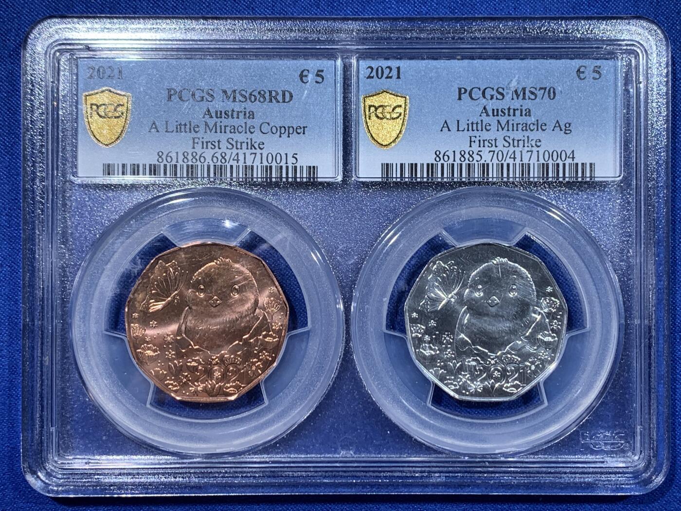 《竞宝斋》第442场 周日，周一，2场连拍 （全场包邮） 少见 奥地利2021年复活节系列-一个小奇迹5欧元银铜非流通币套 首期 PCGS MS70（冠军分） 8.41克 925银 PCGS MS68RD 铜币 细节见图