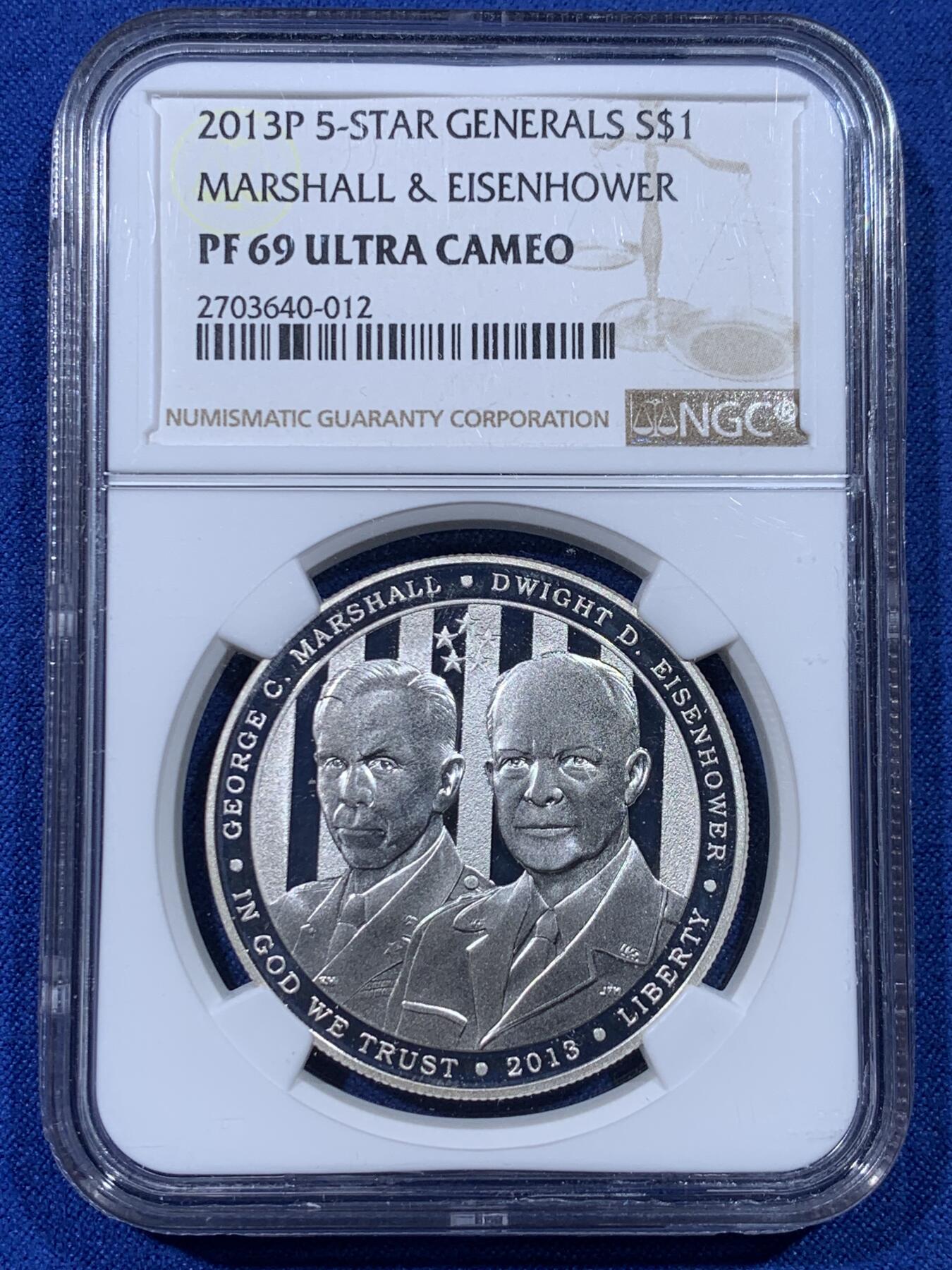 《竞宝斋》第442场 周日，周一，2场连拍 （全场包邮） NGC PF69UC 美国2013年P版五星上将1美元大银币