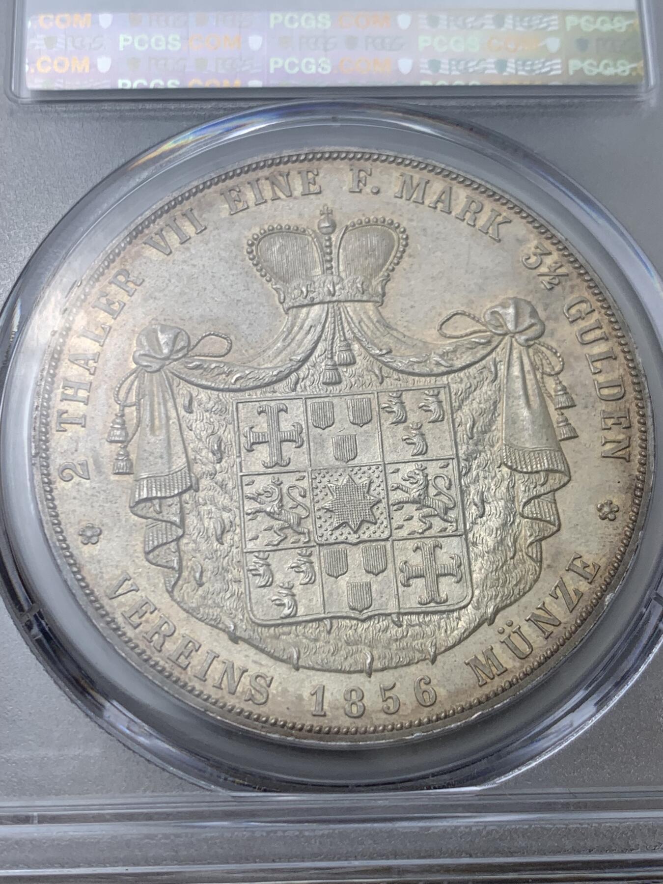 《竞宝斋》第442场 周日，周一，2场连拍 （全场包邮） NGC MS62 德国 1856年 瓦尔德克 维克托2泰勒37克的大银币 11375枚的发行量 品种状态都是不可多得的