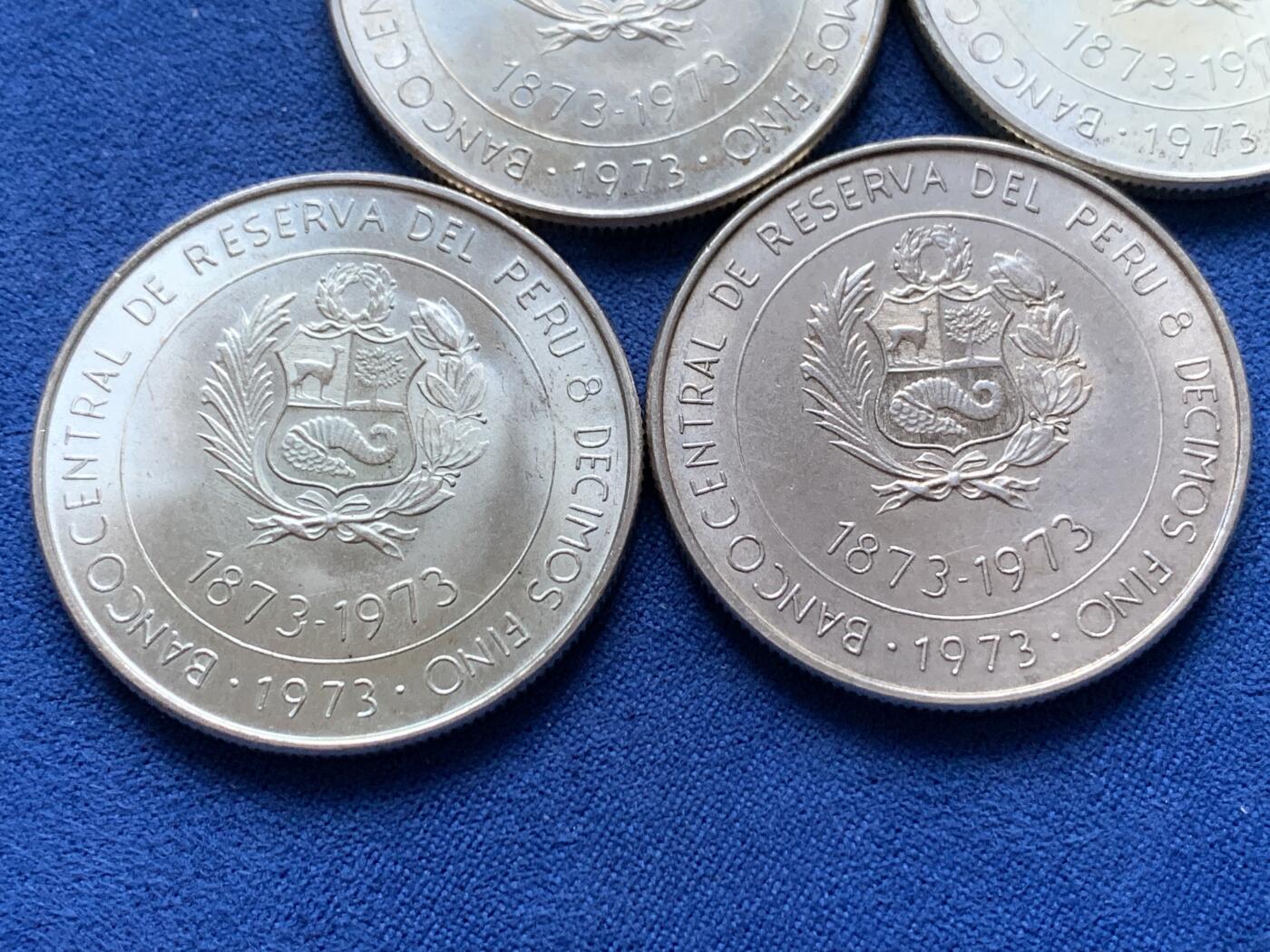 《竞宝斋》第442场 周日，周一，2场连拍 （全场包邮） 四枚一组 秘鲁1973年日本秘鲁贸易百年100索尔纪念银币