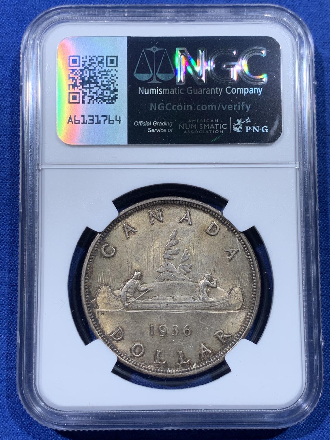 《竞宝斋》第442场 周日，周一，2场连拍 （全场包邮） NGC MS63 加拿大1936年乔五1元流通版银币 比35少