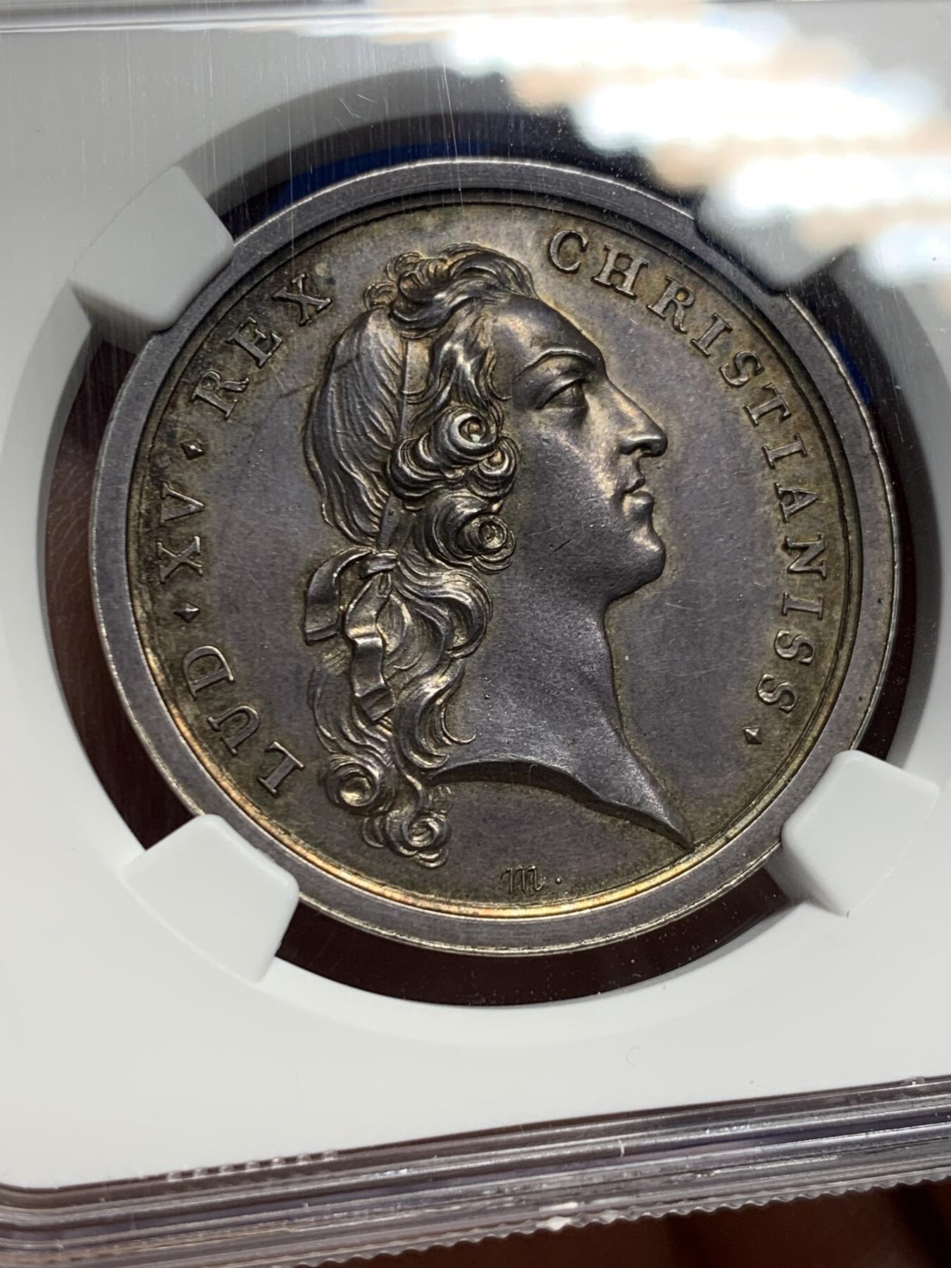 《竞宝斋》第442场 周日，周一，2场连拍 （全场包邮） NGC MS62 法国 1747年 路易十五 婚礼银章 高点清晰 这个品相着实少见