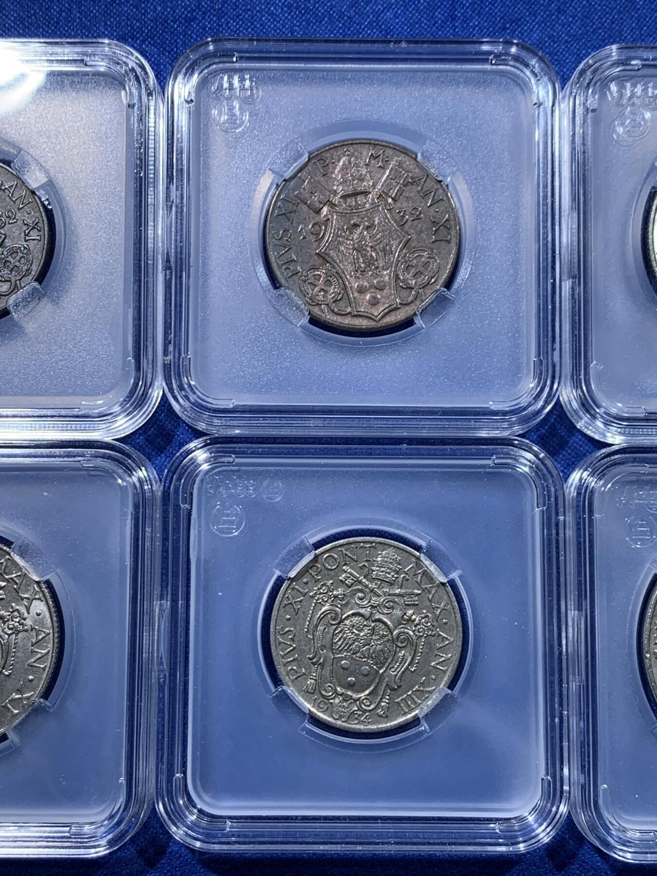 《竞宝斋》第442场 周日，周一，2场连拍 （全场包邮） 七枚一组 意大利梵蒂冈套装币，5里拉，2里拉，1里拉，50分，20分，10分，5分都是193X年，年份稍有不同状态都不错