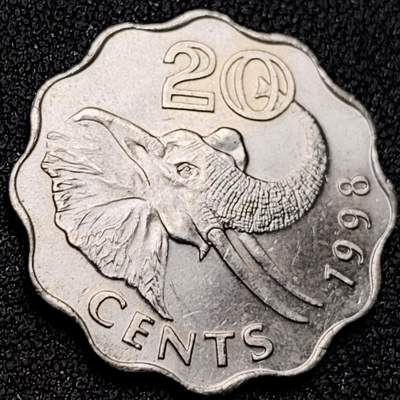 泉币菌-第139场-精品福利场（之前场次29日、30日发货，敬请谅解） - 少见 1998年 威士兰20分硬币 大象 花边币 非洲币