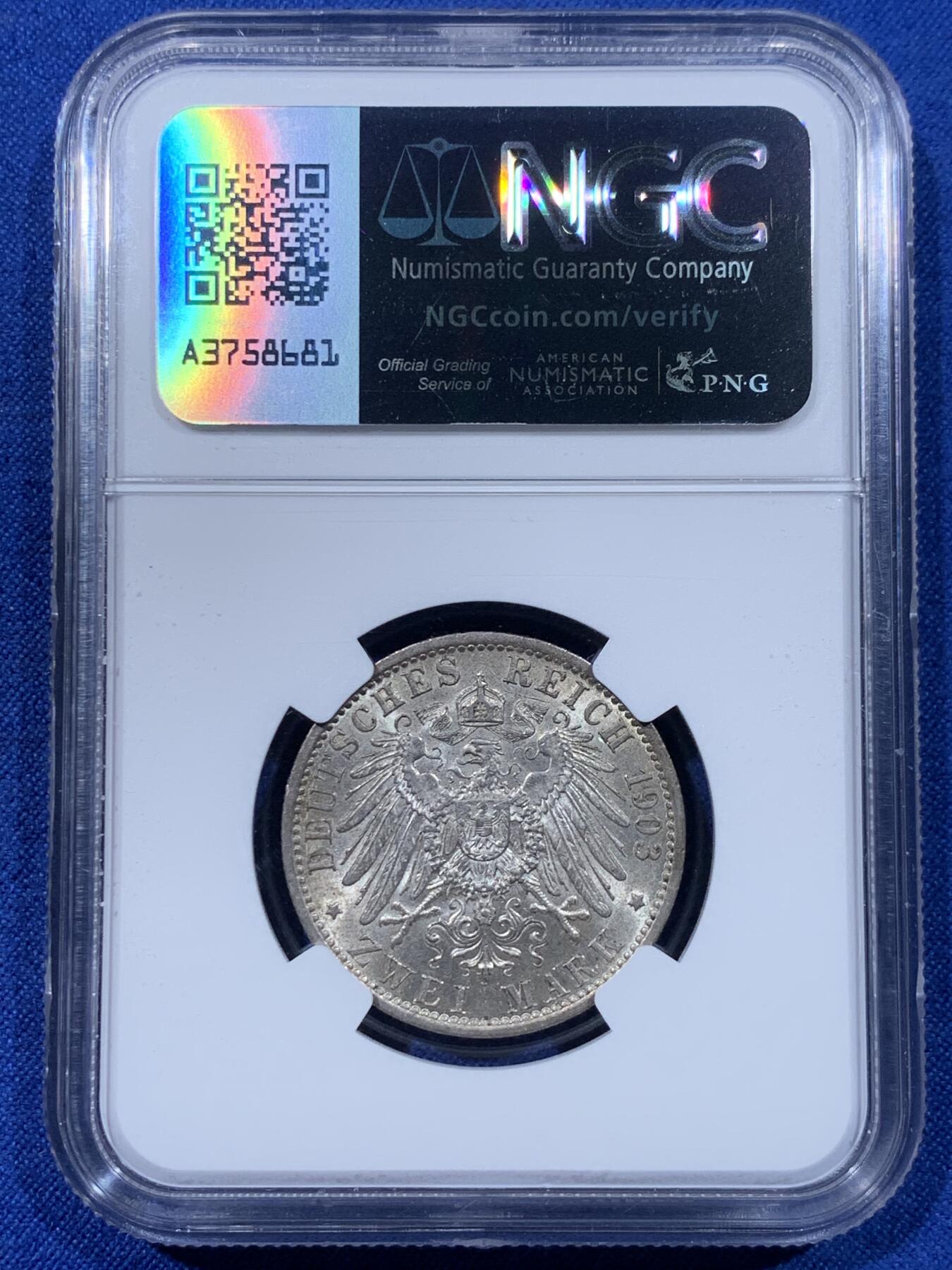 《竞宝斋》第442场 周日，周一，2场连拍 （全场包邮） 两枚一组 德国普鲁士2马克银币 NGC AUD 威廉一世 1876B + NGC AU58 威廉二世 1903A  德二祖孙 一次凑齐