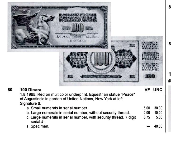 全新南斯拉夫1965年100第纳尔超级靓品纸币6枚一组。