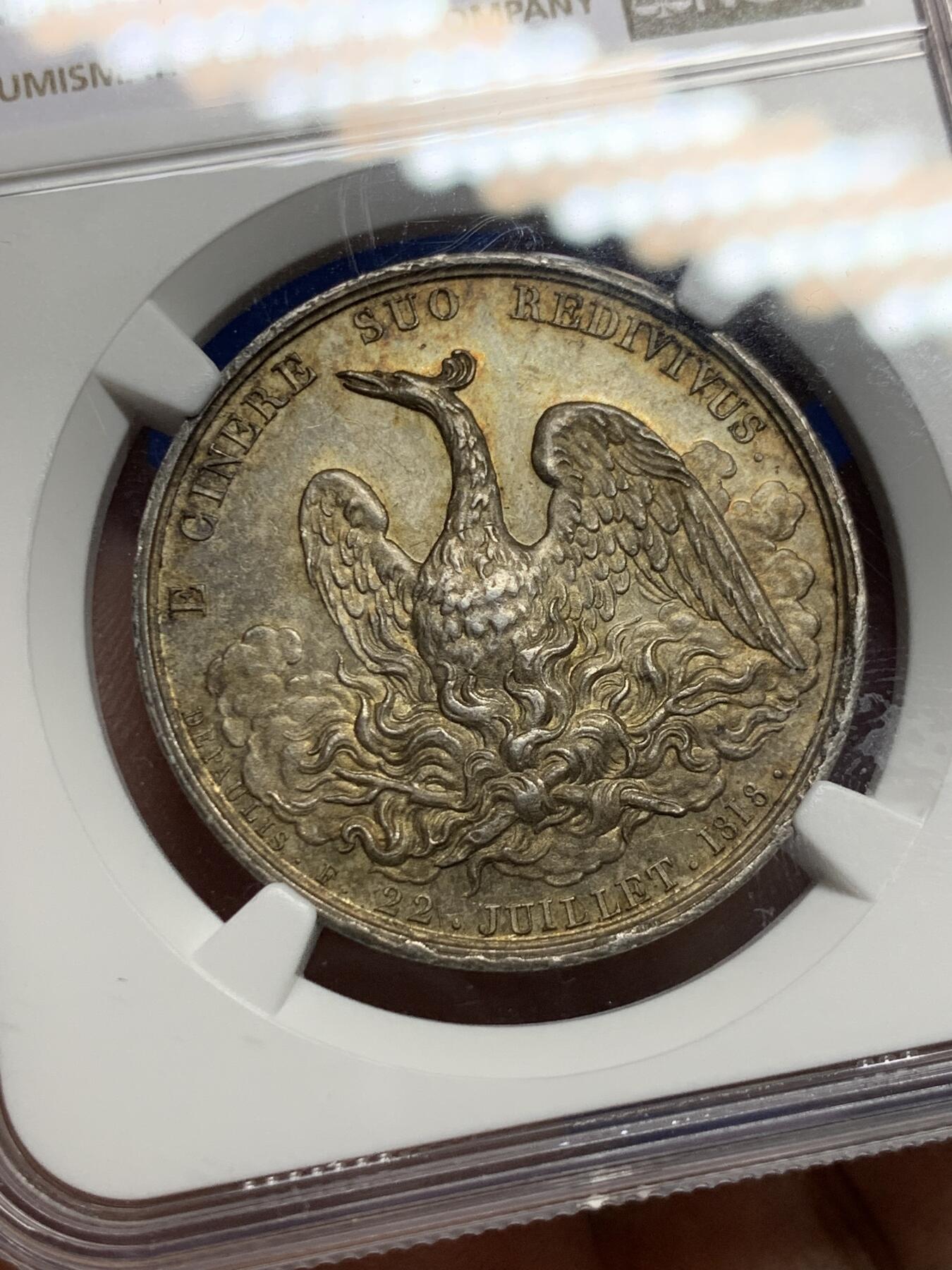 《竞宝斋》第442场 周日，周一，2场连拍 （全场包邮） NGC MS62 少见圆形火灾互助保险银章，浴火凤凰，边铭少见：BOW