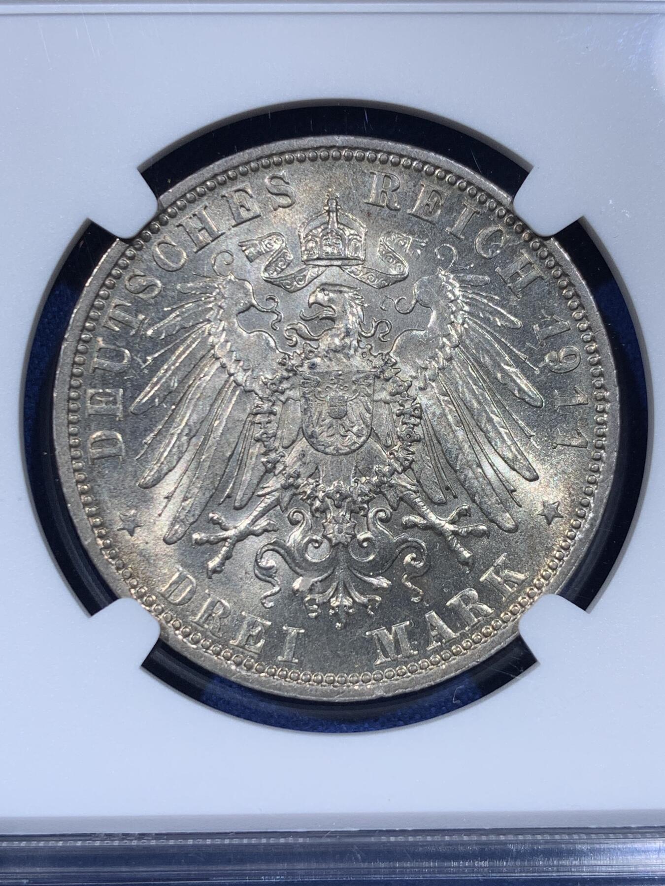 《竞宝斋》第442场 周日，周一，2场连拍 （全场包邮） NGC MS61 德国 1911年 巴伐利亚柳特波德3马克银币