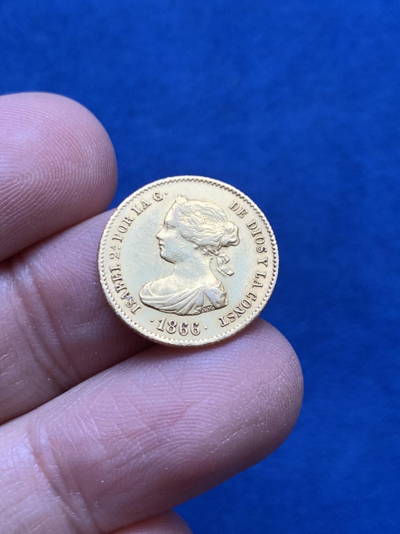 《竞宝斋》第442场 周日，周一，2场连拍 （全场包邮） 西班牙1866年伊莎贝拉二世4E金币 18mm 3.38g 875金