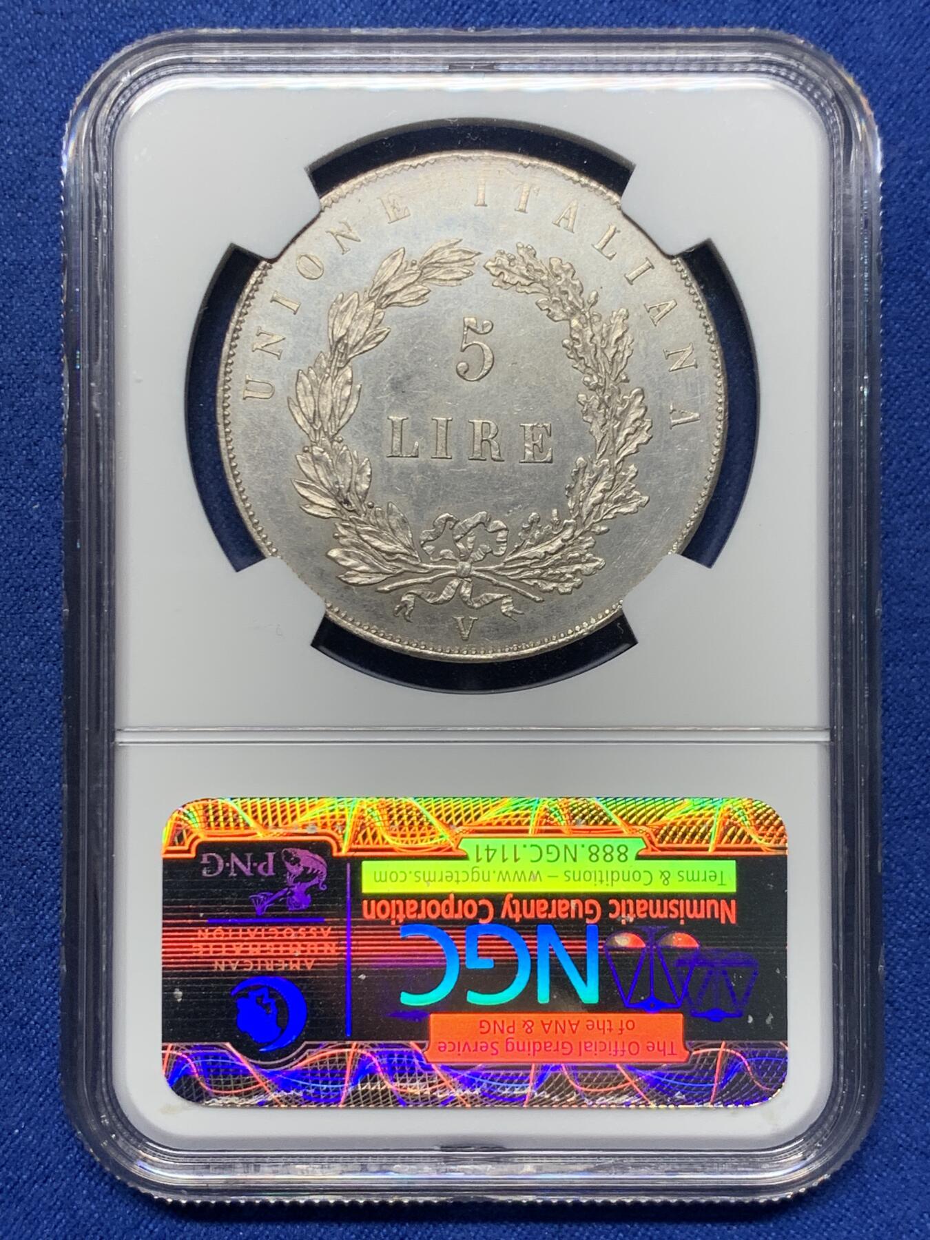 《竞宝斋》第442场 周日，周一，2场连拍 （全场包邮） NGC UNC 意大利 1848年 威尼斯革命临时政府飞狮5里拉 大银币 1.1W枚的发行量 性价比之选