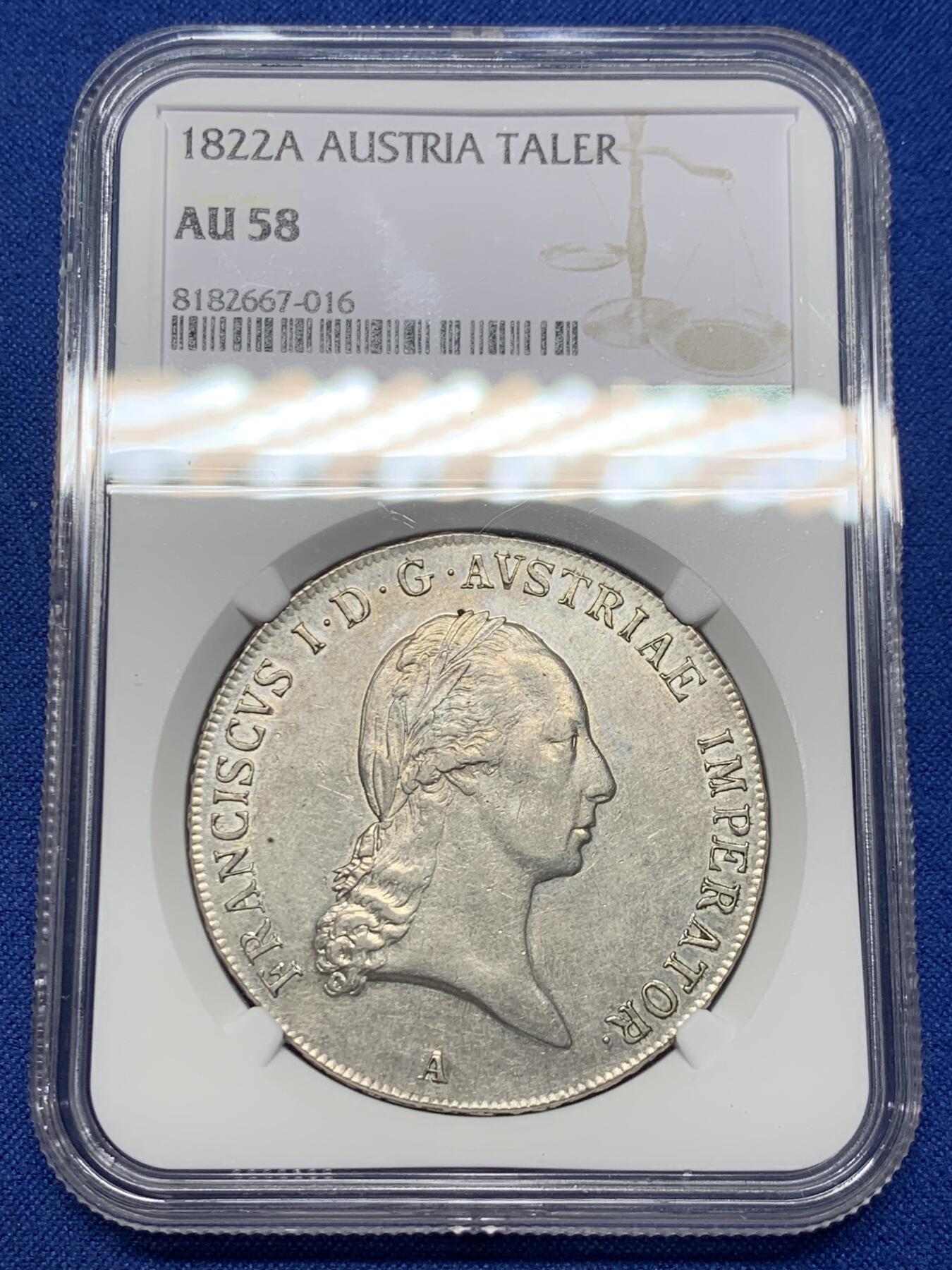 《竞宝斋》第442场 周日，周一，2场连拍 （全场包邮） 亚军分 NGC AU58 奥地利帝国 1822年 弗朗西斯一世 泰勒大银币 自然包浆 带些光 很舒服的状态