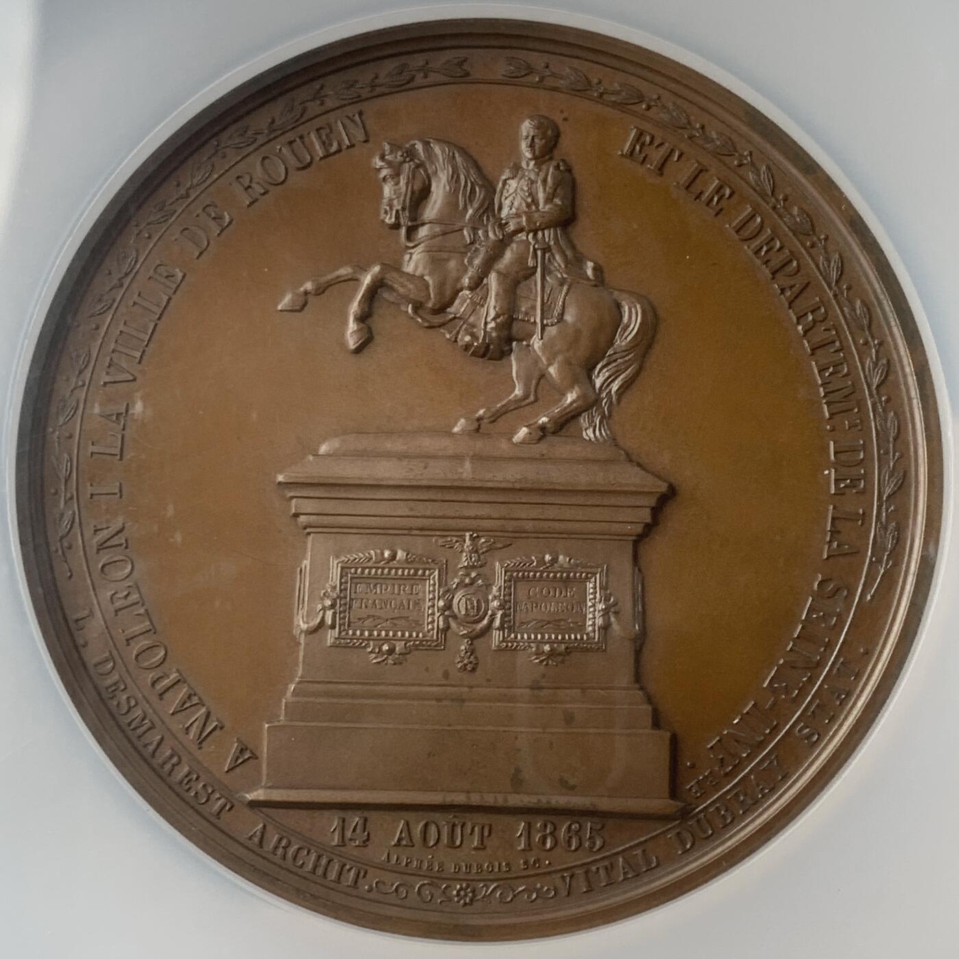 掌中浮雕-藏着的欧洲第043场 NGC MS65 : 1865年拿破仑一世骑马雕像在鲁昂落成铜章，63mm，DUBOIS Alphée雕刻，原铸，该雕像是雕塑家加布里埃尔·维塔尔·杜布雷的作品