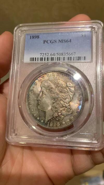 《竞宝斋》第442场 周日，周一，2场连拍 （全场包邮） PCGS MS64 美国 1898年摩根银币 单面幻彩 市场上比较少见的年份
