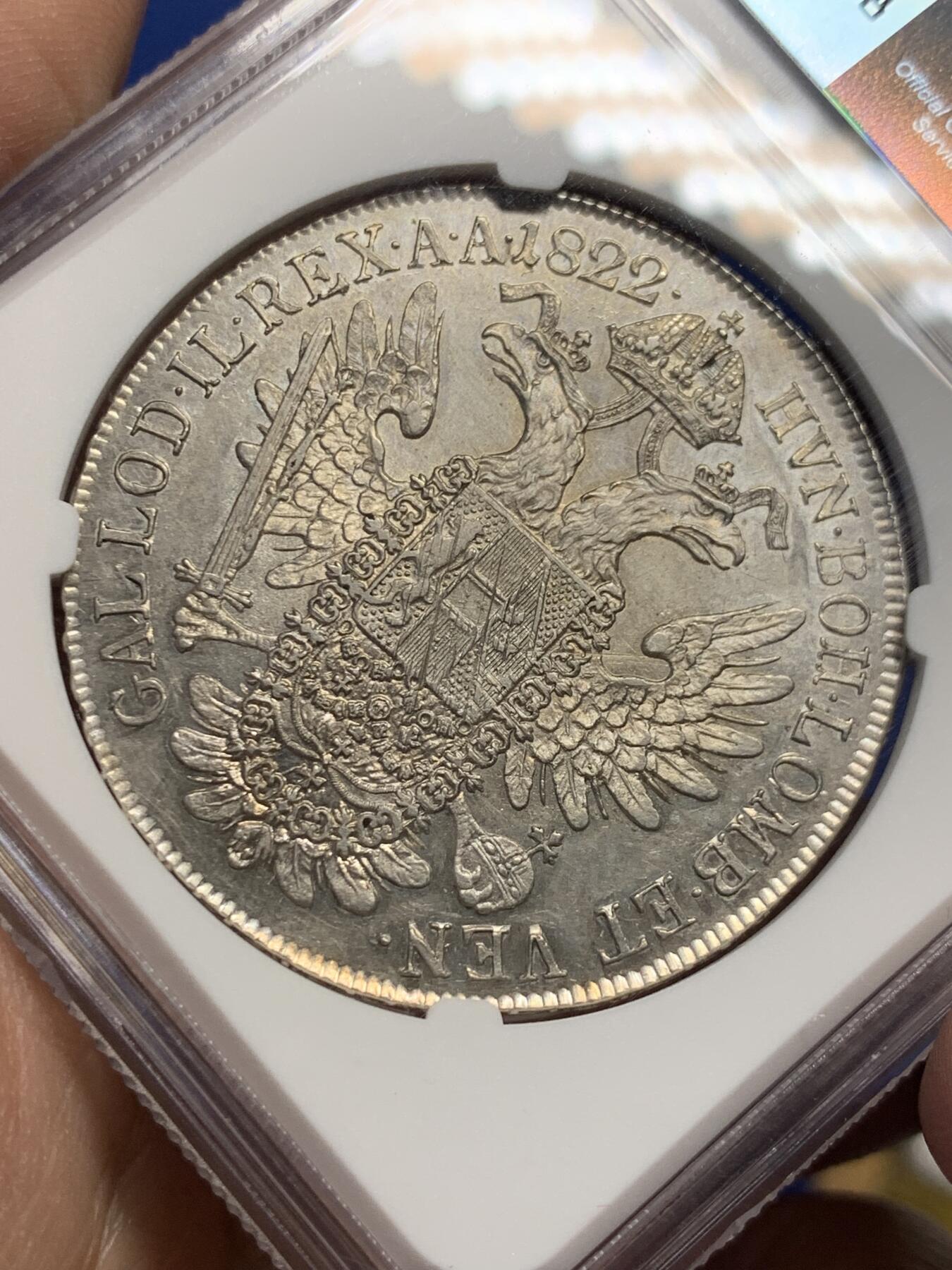 《竞宝斋》第442场 周日，周一，2场连拍 （全场包邮） 亚军分 NGC AU58 奥地利帝国 1822年 弗朗西斯一世 泰勒大银币 自然包浆 带些光 很舒服的状态