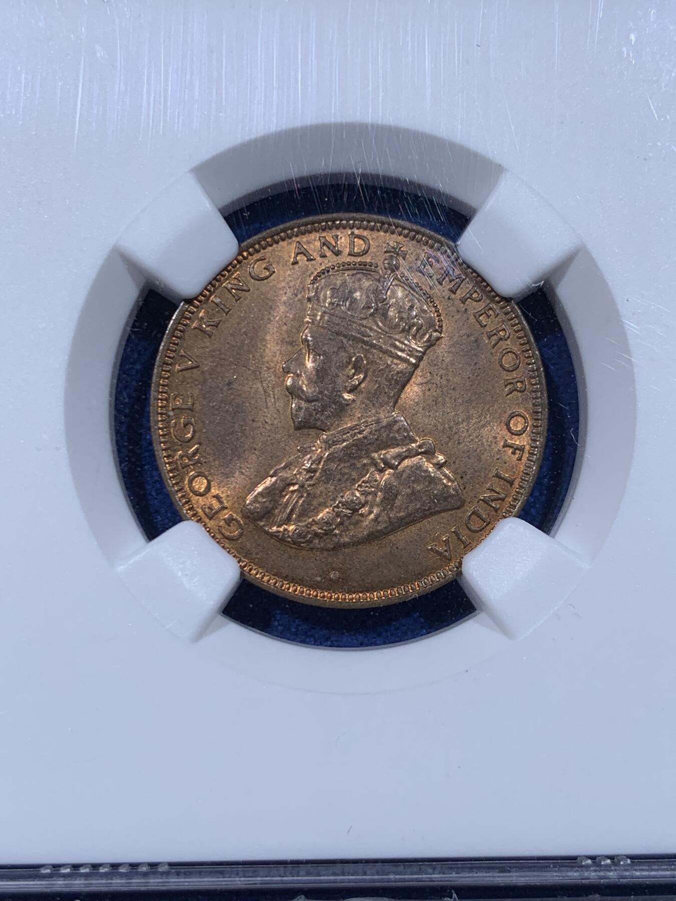 《竞宝斋》第442场 周日，周一，2场连拍 （全场包邮） NGC MS63RB 香港1933年一仙铜币 原厂红棕光