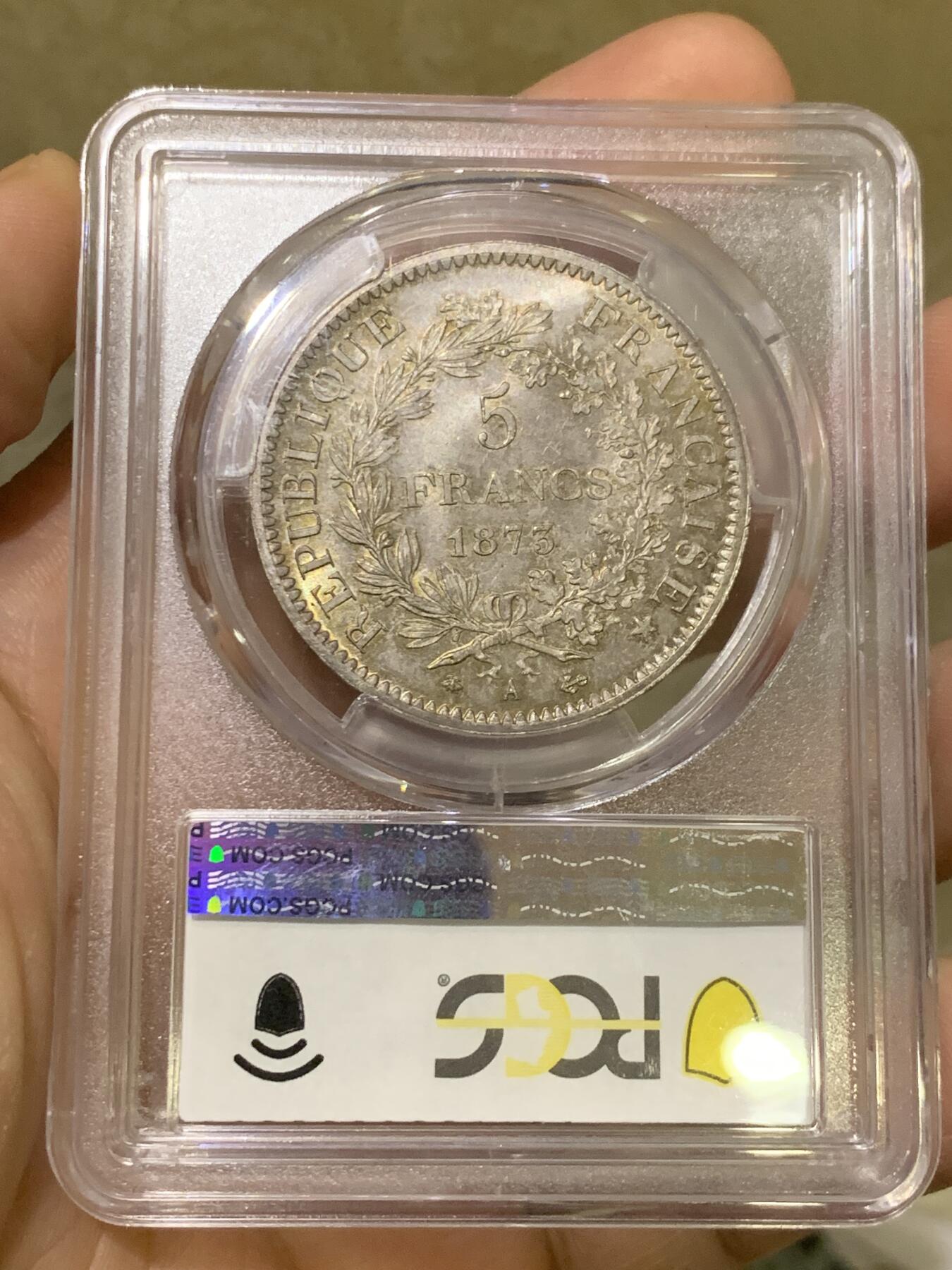 《竞宝斋》第442场 周日，周一，2场连拍 （全场包邮） PCGS MS66 原光金彩法国1873年大力神5法郎银币，高分少见