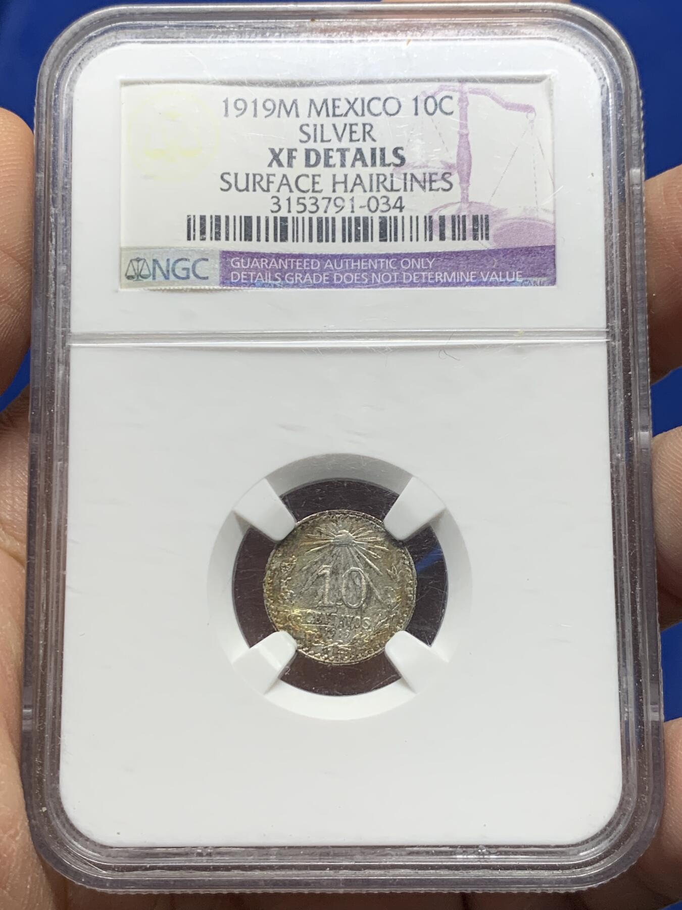 《竞宝斋》第442场 周日，周一，2场连拍 （全场包邮） NGC XFD 墨西哥1919年10分银币 淡淡银光 NGC早期紫色评级标签