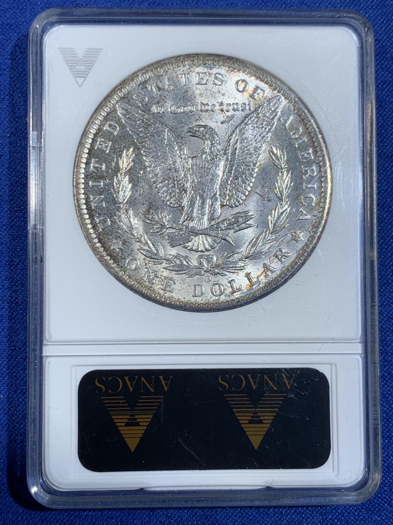 《竞宝斋》第442场 周日，周一，2场连拍 （全场包邮） ANACS MS62 肥皂盒 1885年美国摩根银币O厂  早期6位编码盒，ANACS最强严评，砸盒送评大概率跳分，两面带斑驳淡彩