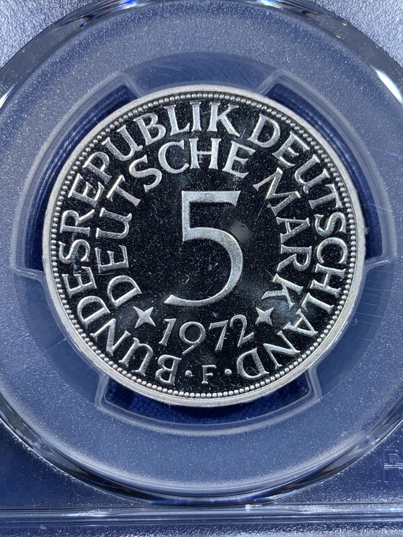 《竞宝斋》第442场 周日，周一，2场连拍 （全场包邮） 亚军分 PCGS RP68DCAM 德国 1972年 无毛鹰 5马克 精制银币 少见品种