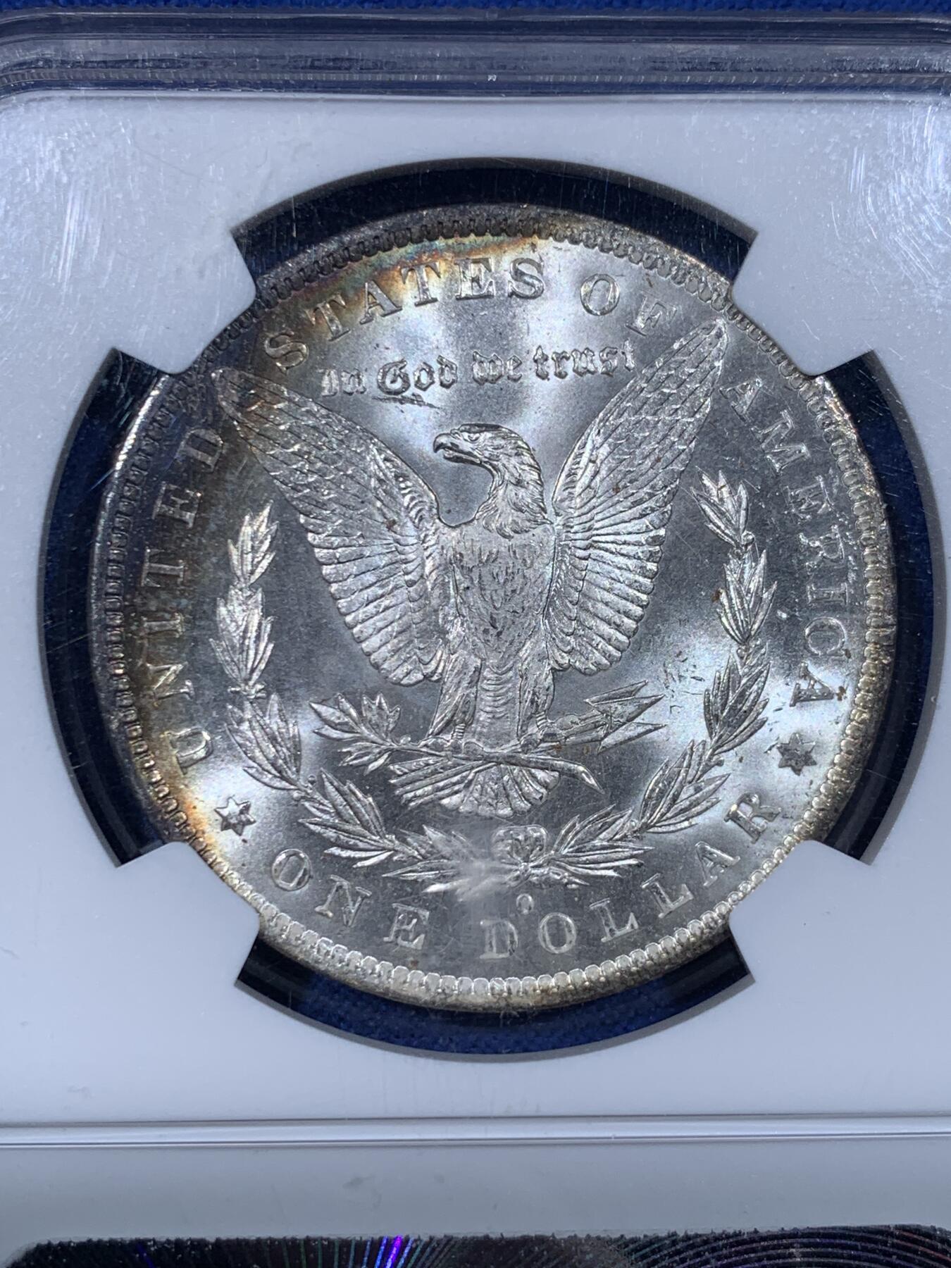 《竞宝斋》第442场 周日，周一，2场连拍 （全场包邮） NGC MS64 美国1884年摩根银币O厂 双面五彩月牙