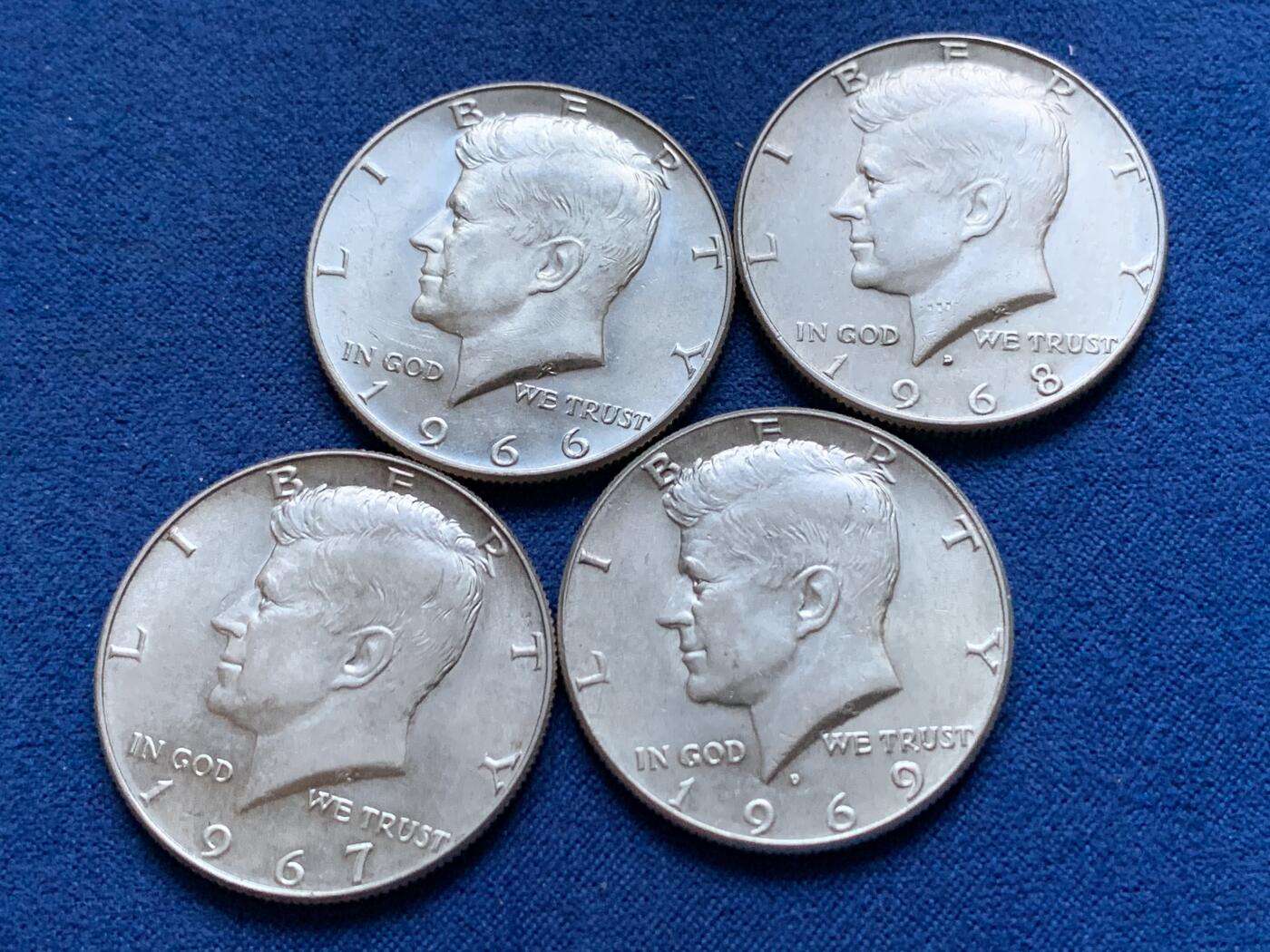 《竞宝斋》第442场 周日，周一，2场连拍 （全场包邮） 四枚一组 美国1966-1969年肯尼迪半美元银币