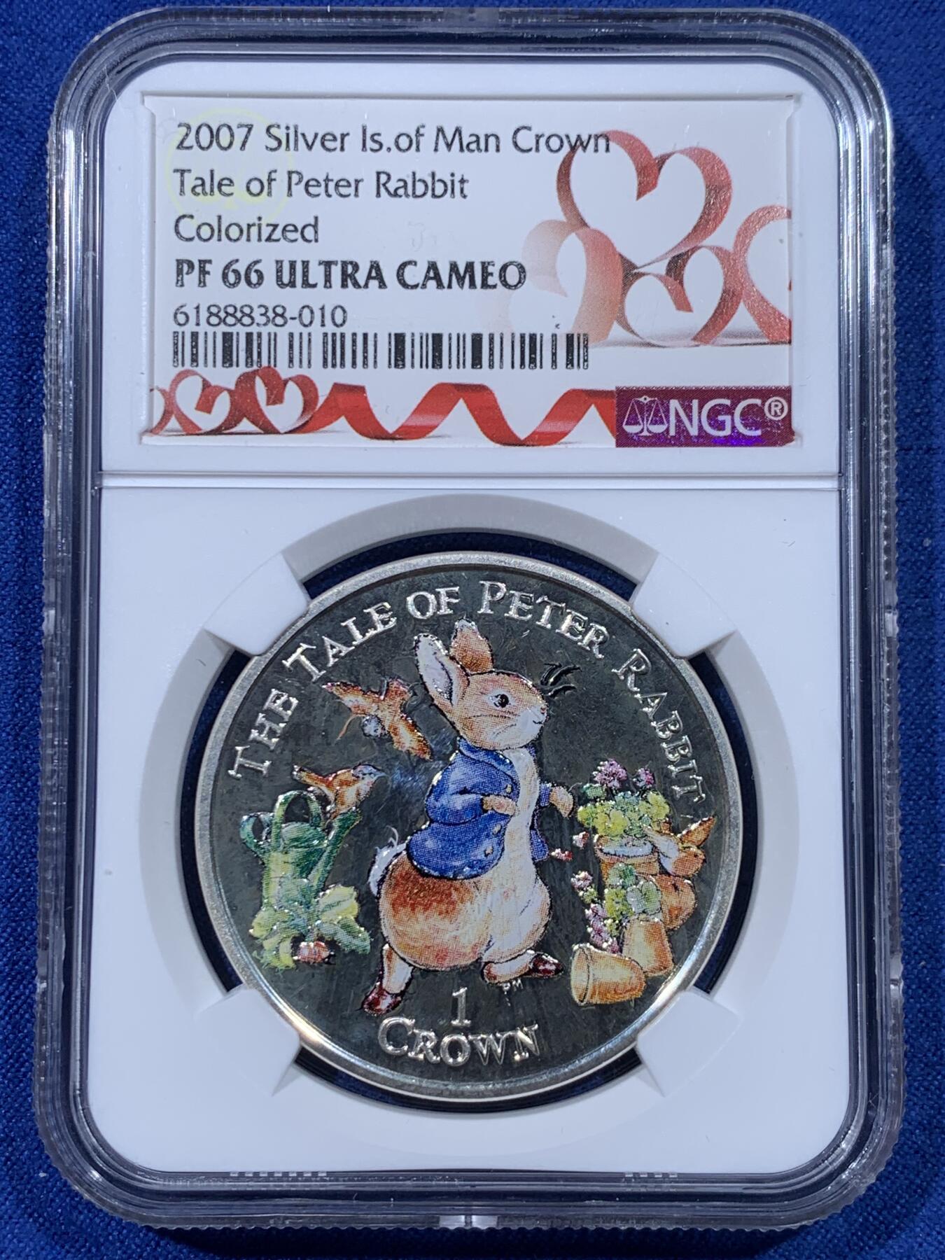 《竞宝斋》第442场 周日，周一，2场连拍 （全场包邮） NGC PF66UC 英属马恩岛 2007年 1克朗 彩色彼得兔 精制银币 少见稀缺品种的彼得兔系列小岛币，彩色版本评分都不会太高