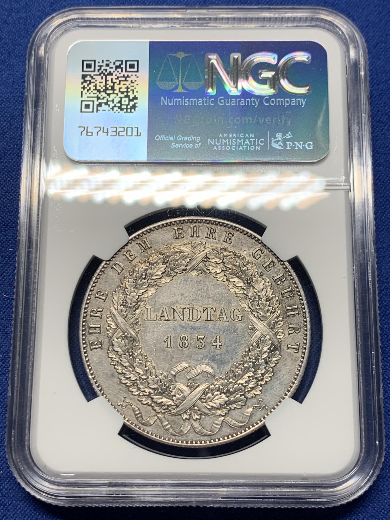 《竞宝斋》第442场 周日，周一，2场连拍 （全场包邮） NGC UNC 1834年德国巴伐利亚路德维希一世纪念历史学家大泰勒银币 感觉可以养养再冲击下评级