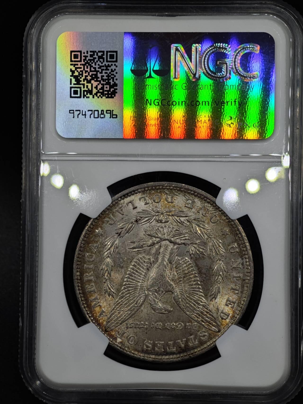 【淘币小摊】实时拍第八百零八拍   银币套币场   满百包邮可预留二周 每周一统一发货   美国1896年摩根银币双面五彩包浆 NGC AU58
