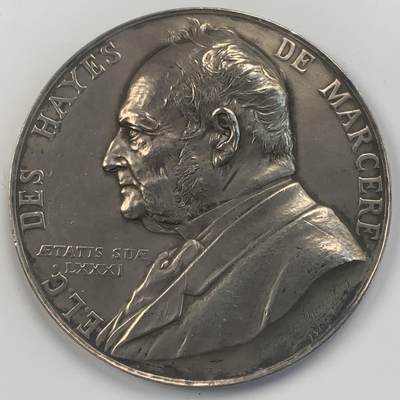 掌中浮雕-藏着的欧洲第043场 - 1909年马塞尔先生任贝休恩公司主席20年银章, 70mm，140g，边铭：菱形ARGENT.国内外仅见品种，边缘一处磕碰。人像高浮雕。