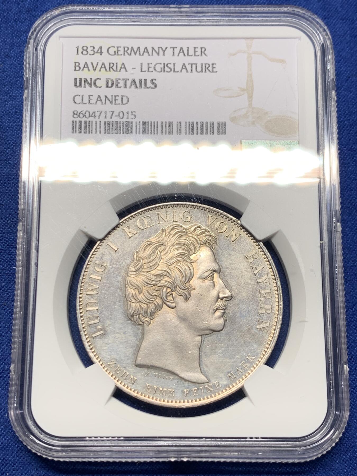 《竞宝斋》第442场 周日，周一，2场连拍 （全场包邮） NGC UNC 1834年德国巴伐利亚路德维希一世纪念历史学家大泰勒银币 感觉可以养养再冲击下评级