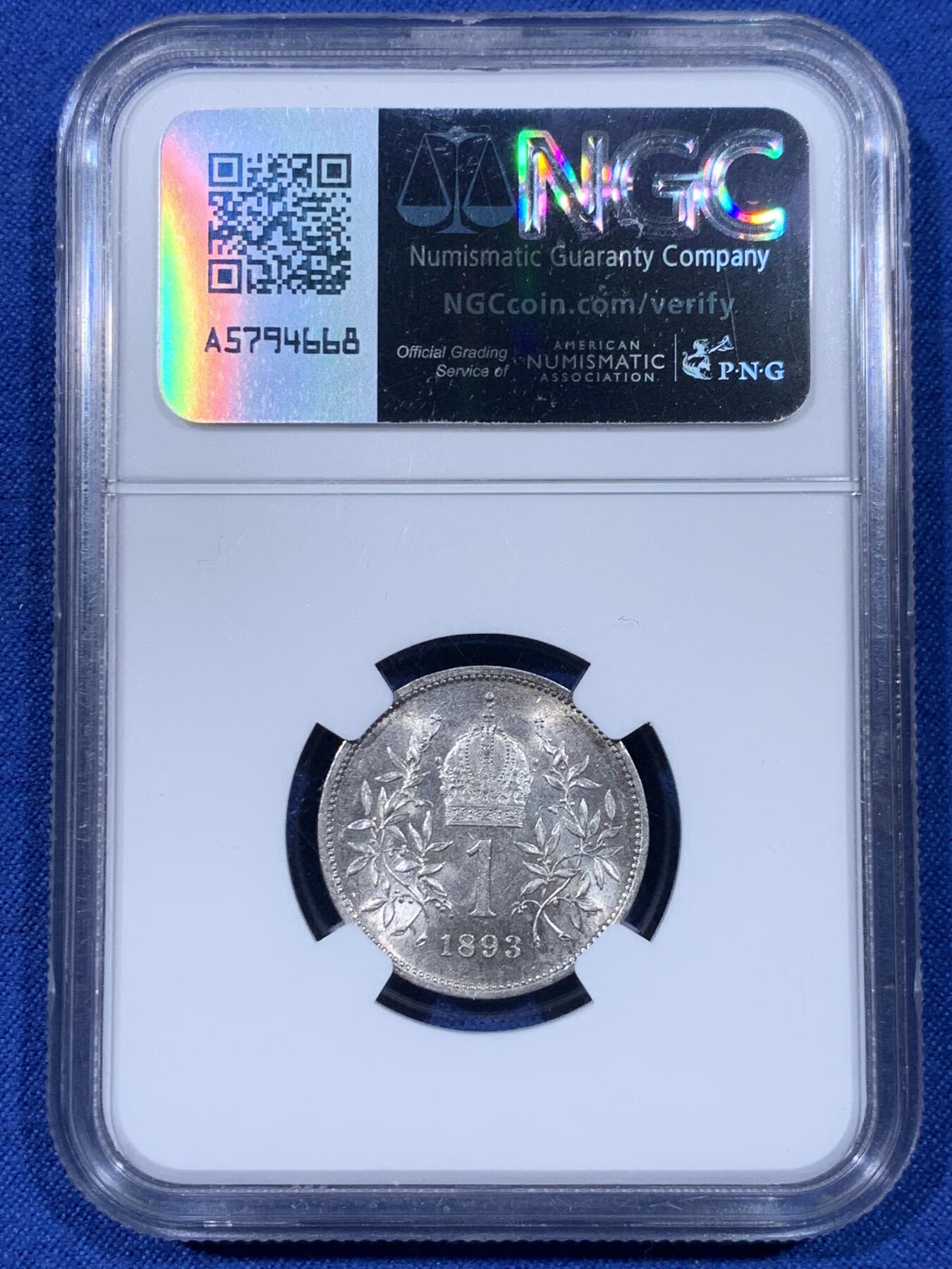 《竞宝斋》第442场 周日，周一，2场连拍 （全场包邮） NGC MS61 奥地利1893年1克朗银币 首年克朗 桂冠头像 不是烂大街的191x年秃头版 原光漂亮